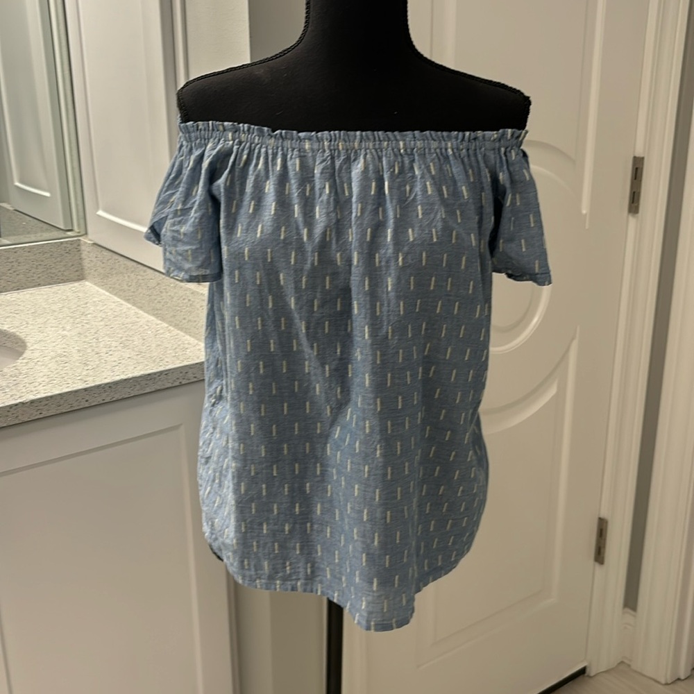 Off the shoulder or on the shoulder blouse. Light blue with cream detail.